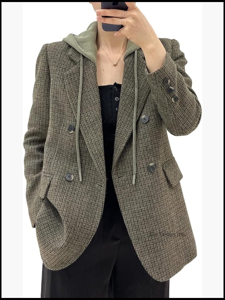Hooded Double-Breasted Blazer Jacket Lightweight Oversized Full-Lined Work